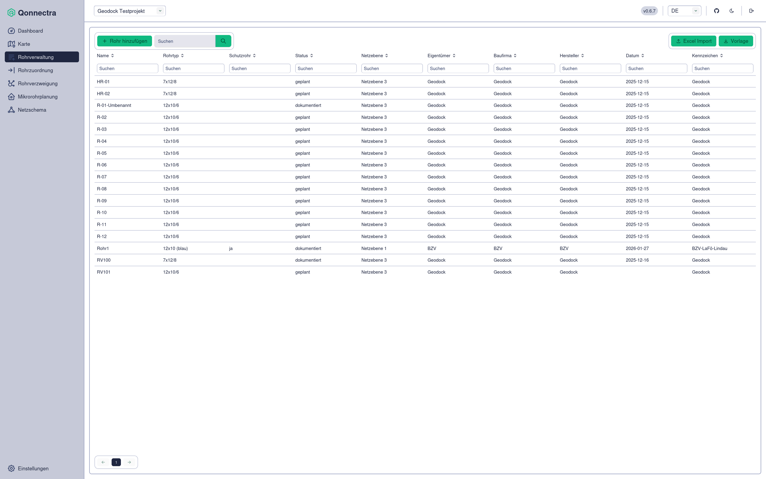 Screenshot Rohrverwaltung Übersicht