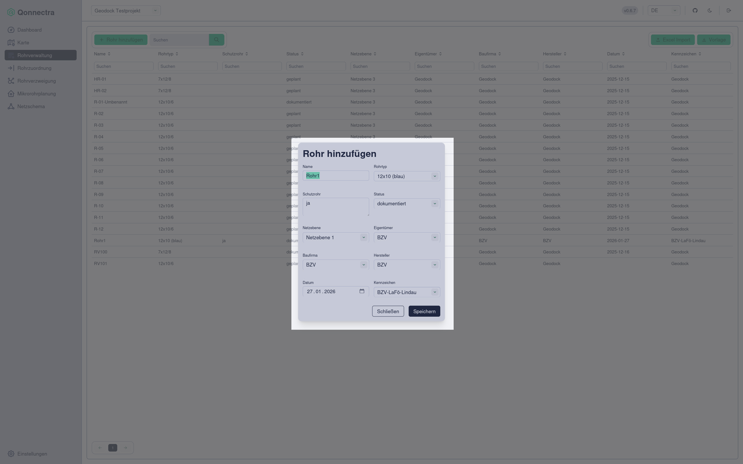 Screenshot Popup Rohr hinzufügen
