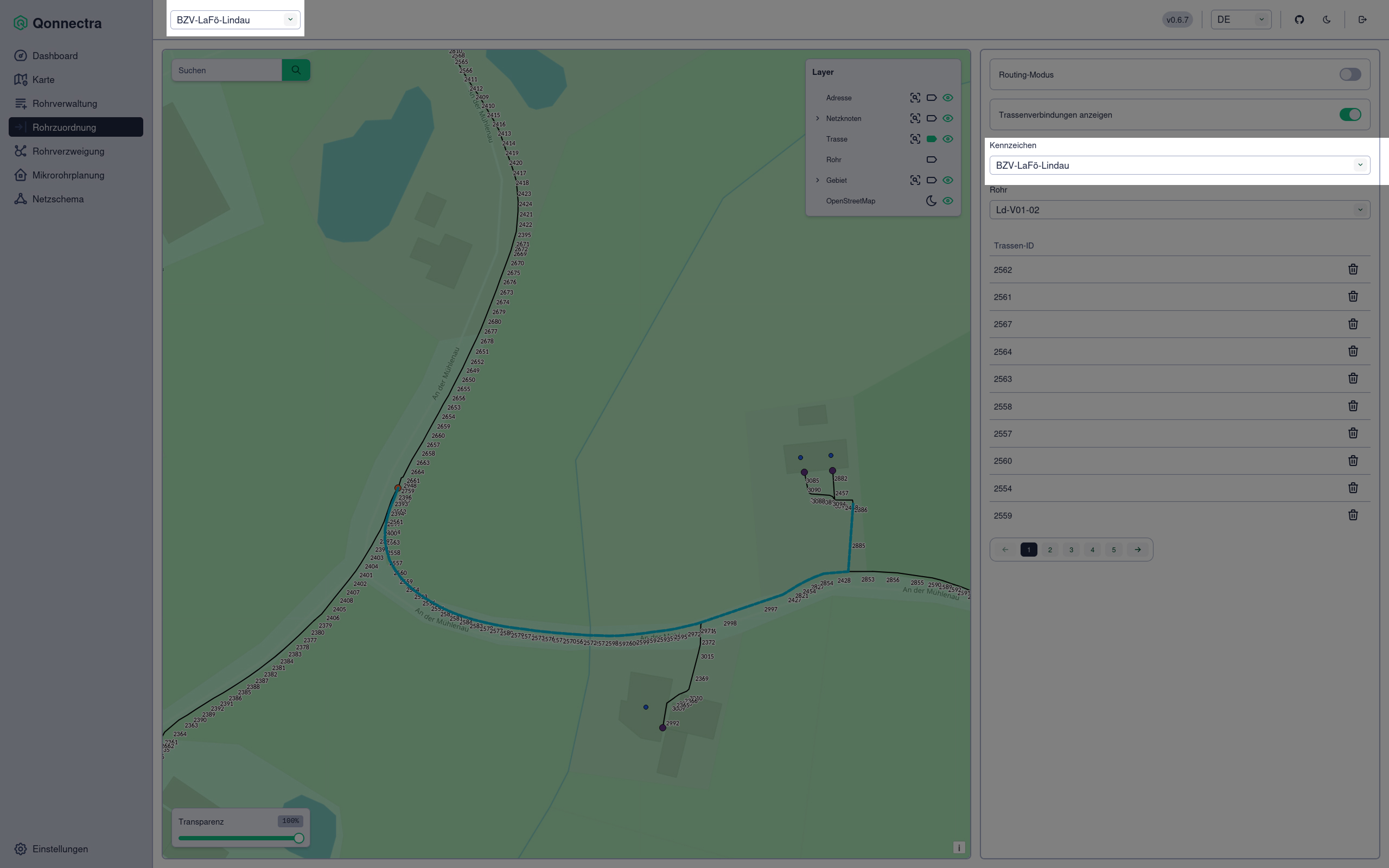 Screenshot mit Hervorhebung Projektauswahl und Kennzeichenauswahl
