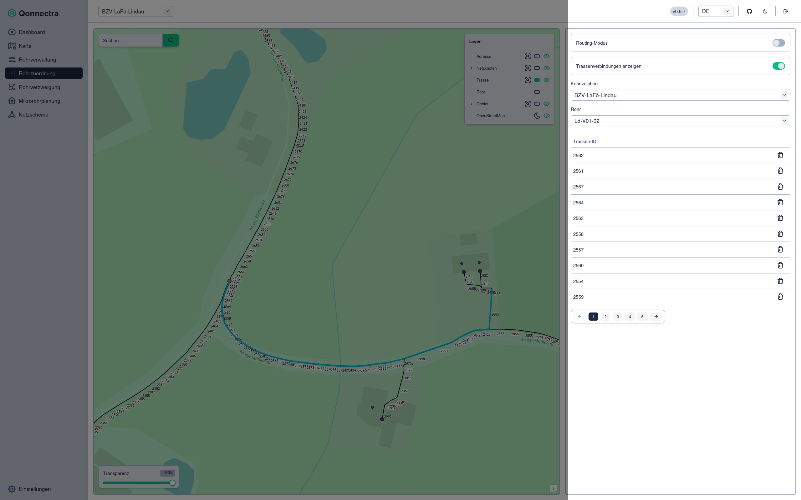 Screenshot Rohrzuordnung mit Hervorhebung des Bearbeitungsbereichs rechts