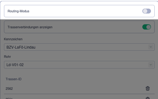 Screenshot Rohrverwaltung Arbeitsbereich mit Hervorhebung der Schaltfläche für den Routing-Modus
