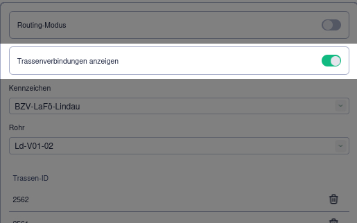 Screenshot Rohrverwaltung Arbeitsbereich mit Hervorhebung der Schaltfläche Trassenverbindungen anzeigen