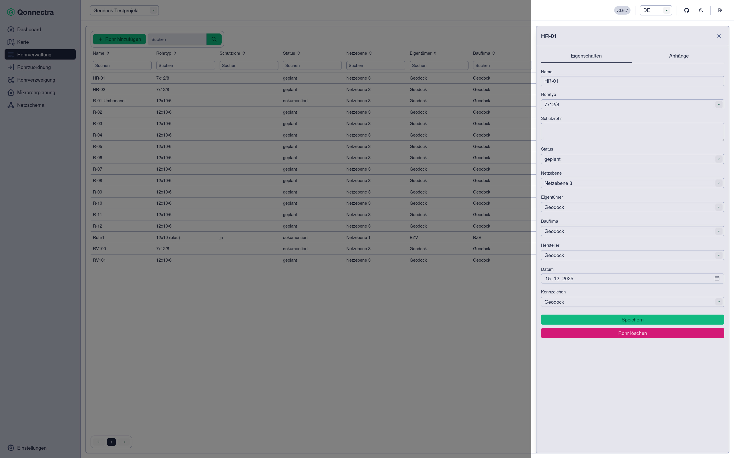 Screenshot Bearbeitung von Rohreigenschaften