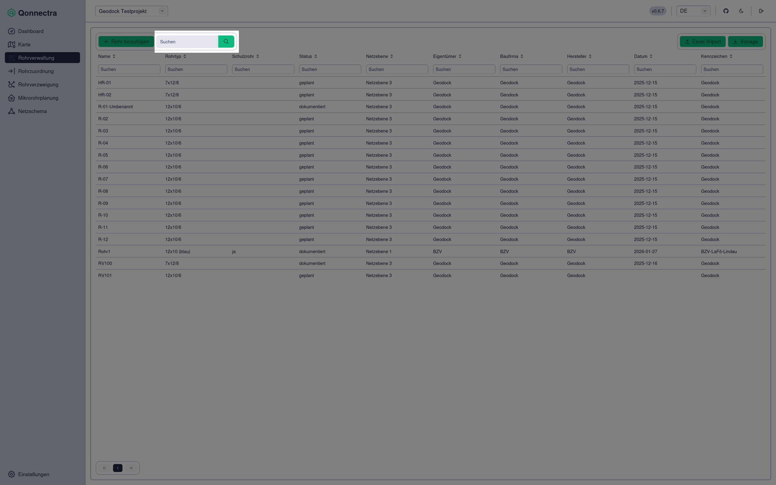 Screenshot Suche in der Rohrverwaltung über zentrales Suchfeld oben