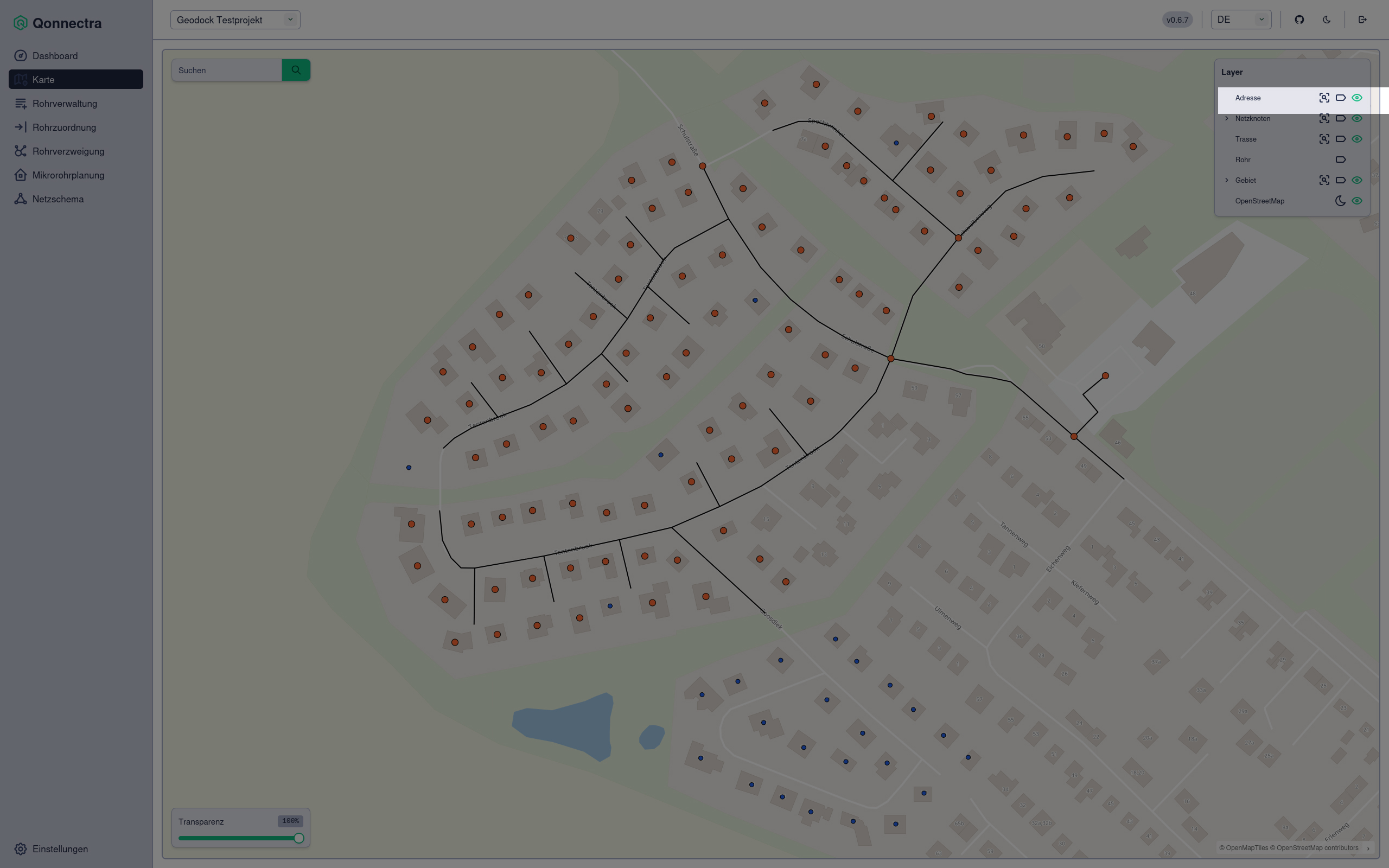 Screenshot Karte mit Hervorhebung des Layers Adresse in der Legende rechts oben
