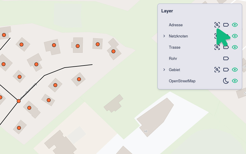 Screenshot Karte mit Zoom zu Layer Adresse in der Legende