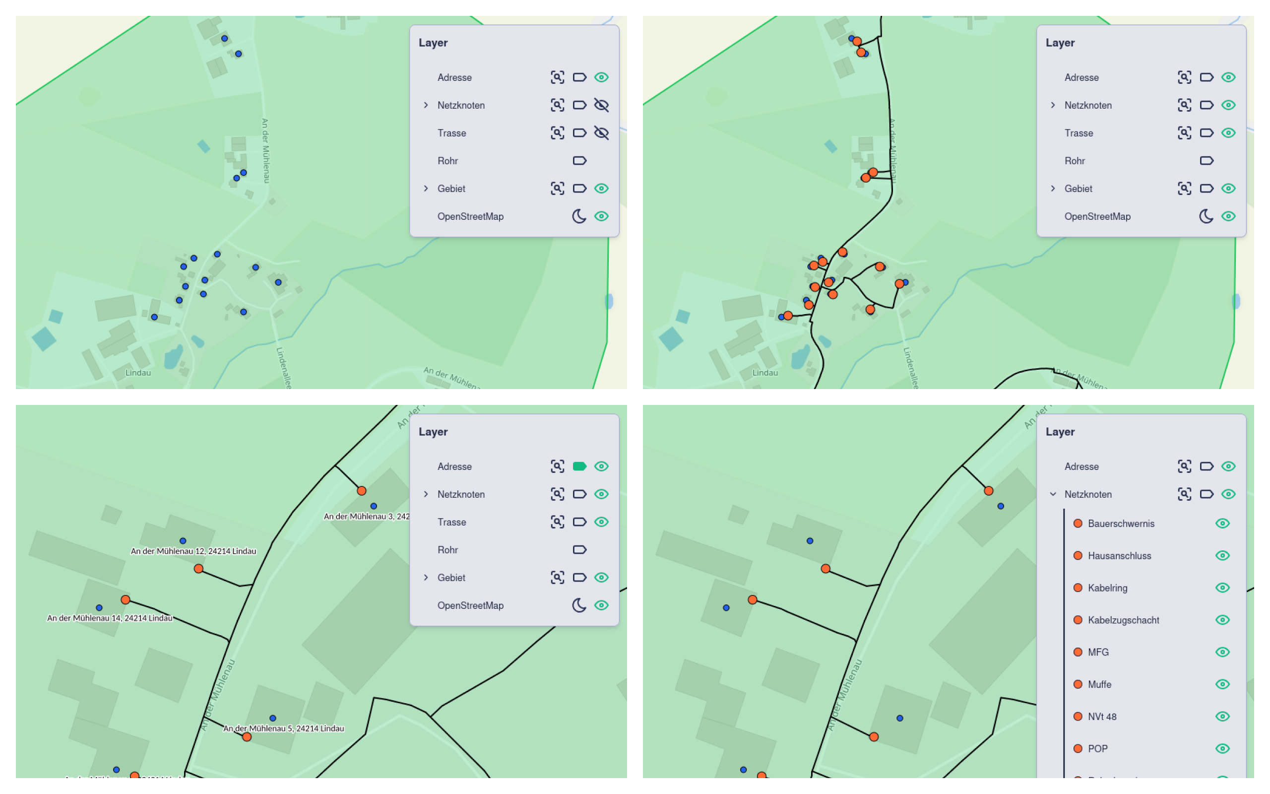 Vier Screenshots Legende und Kartenausschnitt und verschiedenen Auswahlmöglichkeiten
