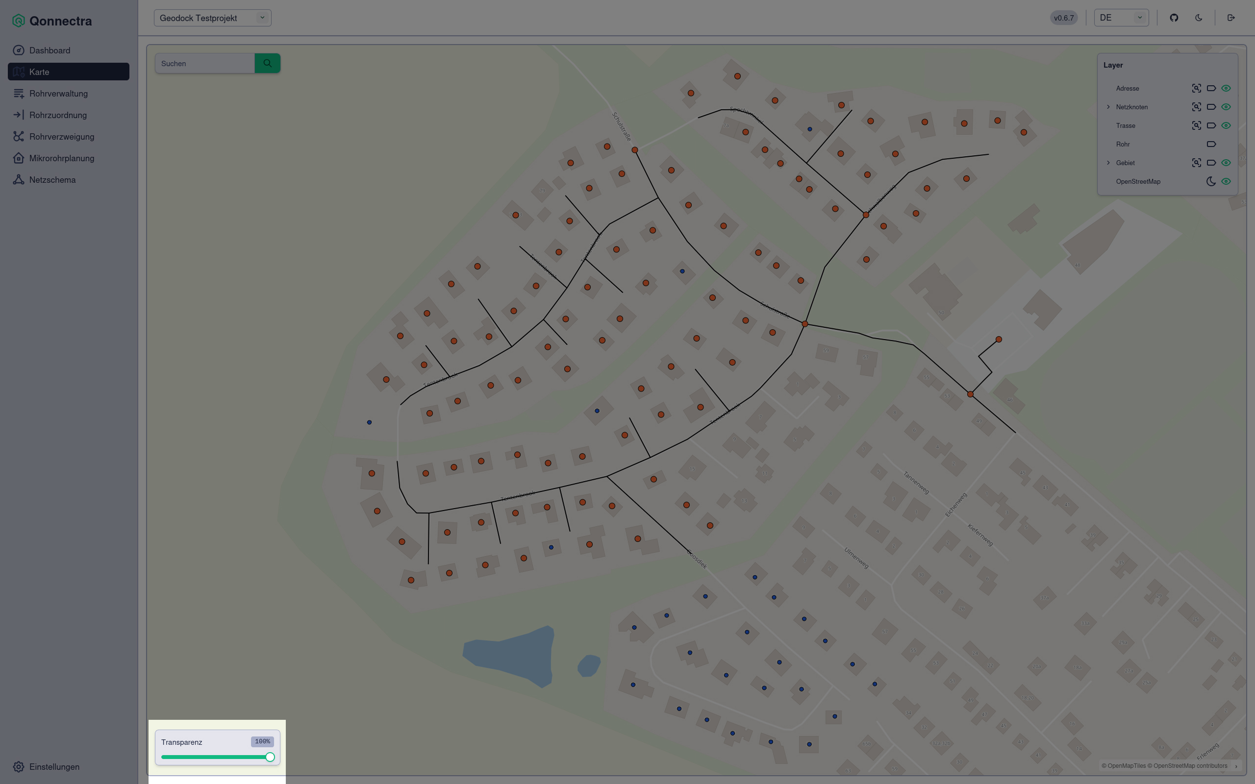 Screenshot Karte mit Hervorhebung des Schiebereglers für die Transparenz der Karte