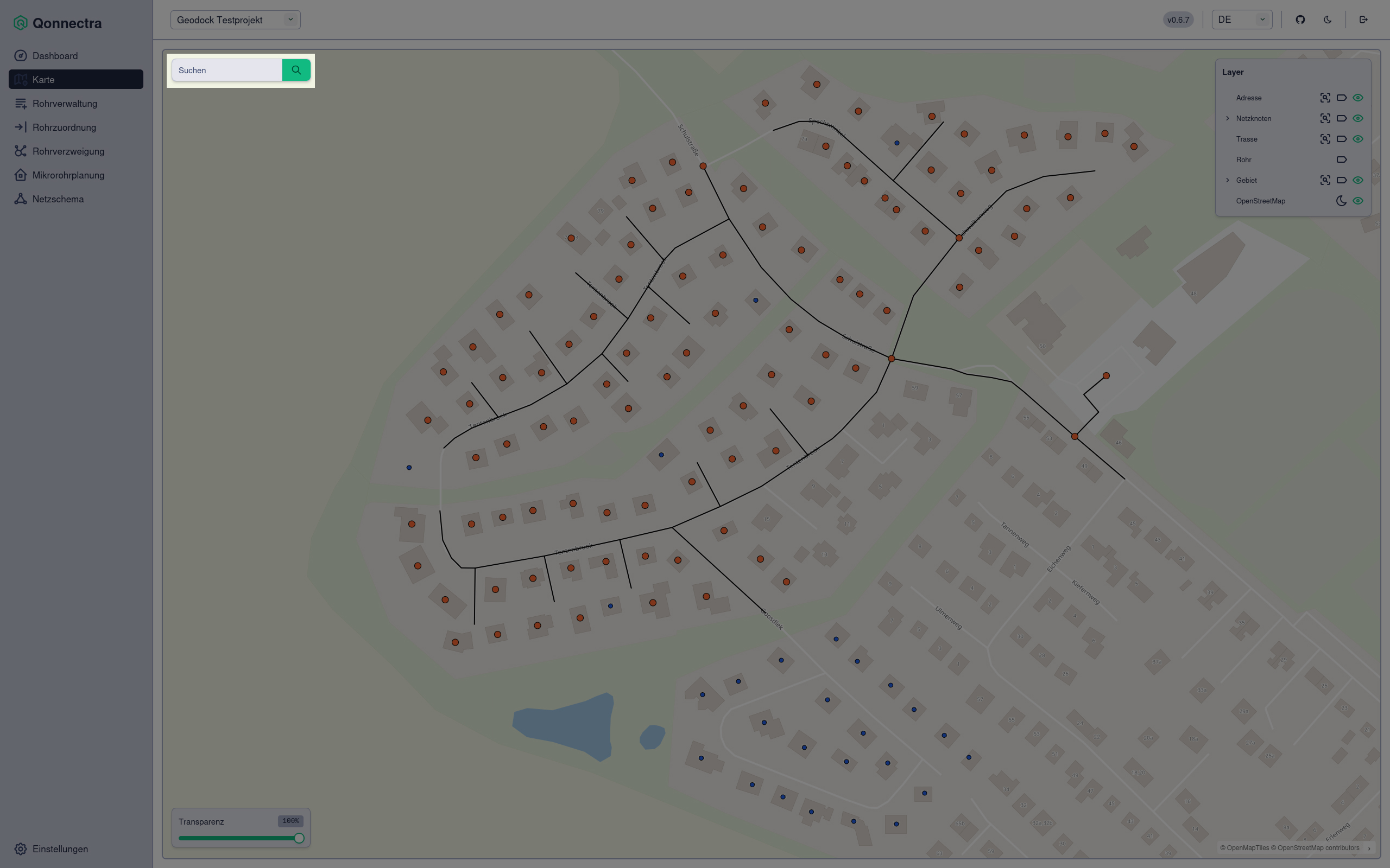 Screenshot Karte mit Hervorhebung des Suchfeldes oben links
