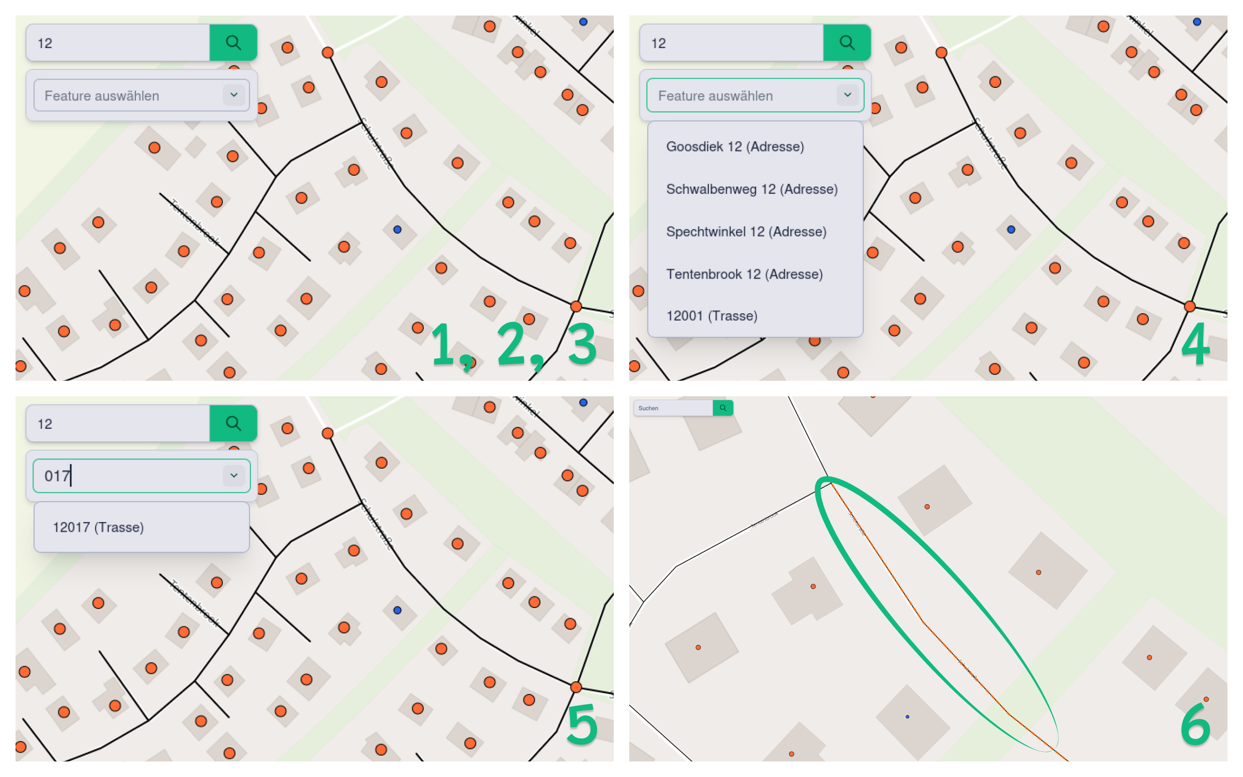 Screenshots Suchfeld in Karte mit Userflow und Nummerierung