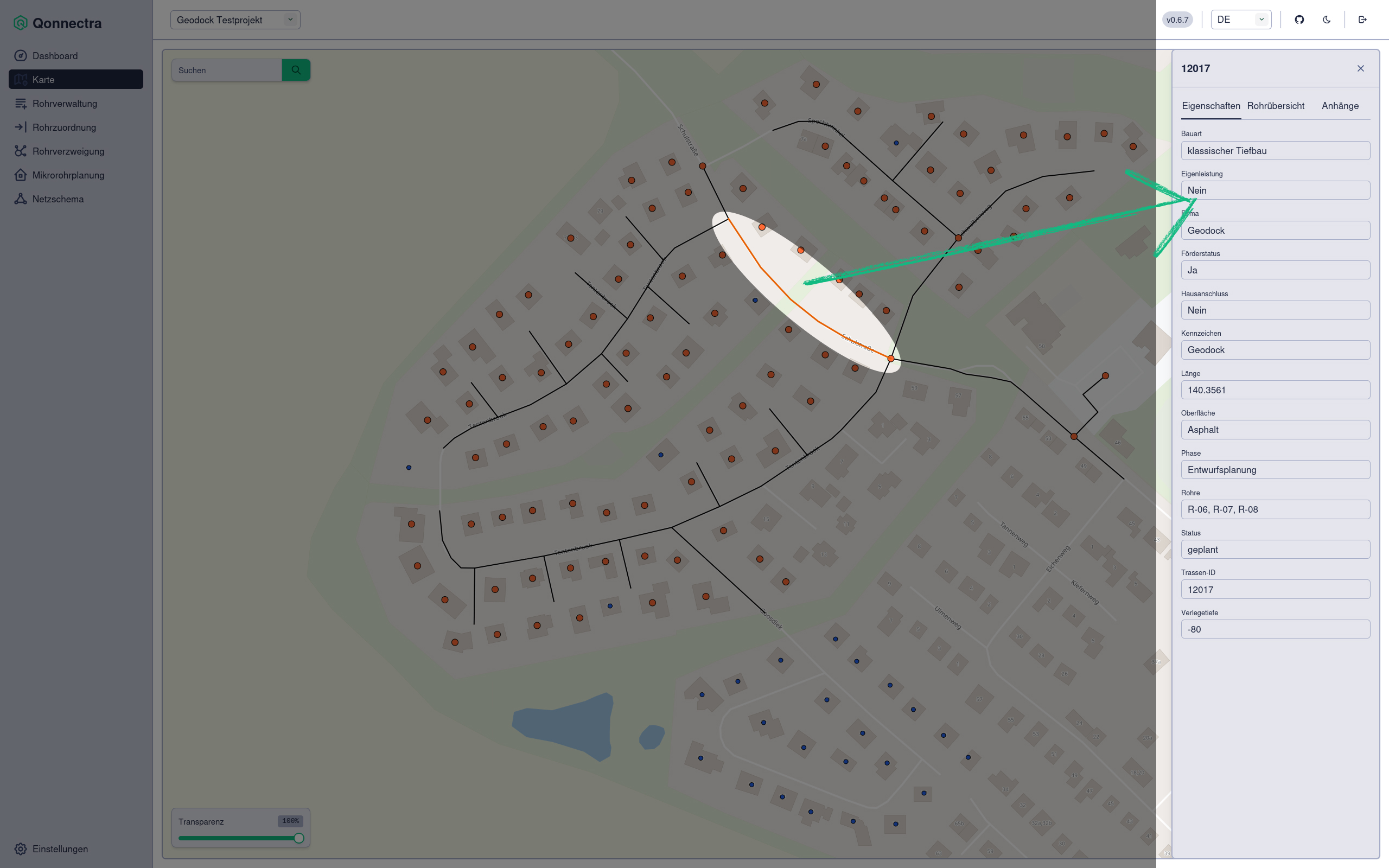 Screenshot Karte mit Hervorhebung eines ausgewählten Objekts und der Anzeige der Details in einer Info-Box rechts